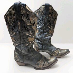 Corral Vintage Woman's Boots Black Distressed Leather Gold Embroidered 3046 7M